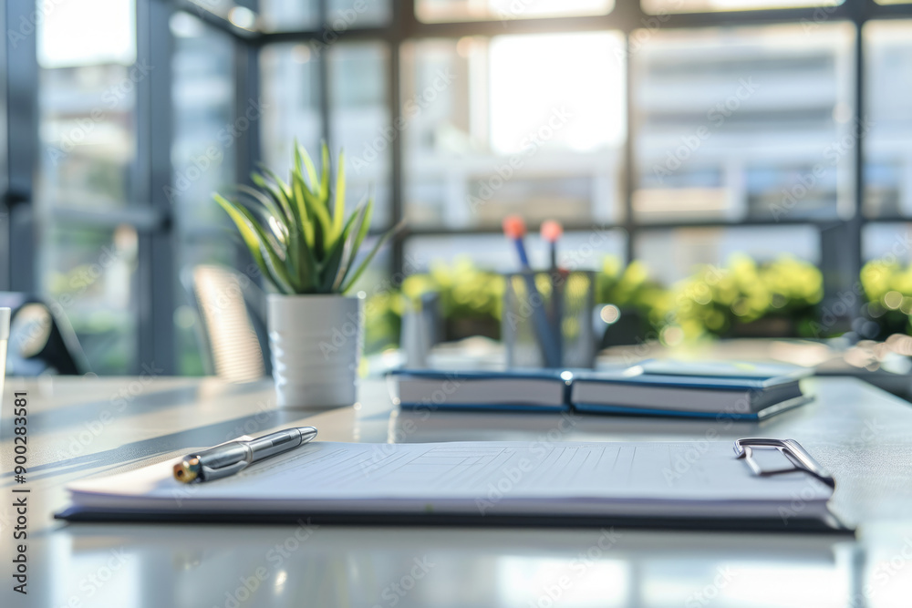 Modern office desk featuring a potted plant, pens, notebook Modern office desk featuring a potted plant, pens, notebook