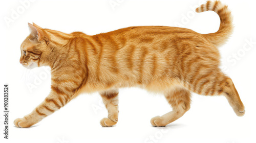 A lively cat dashes and strolls, captured in side profile against a clean, isolated background for clear focus.