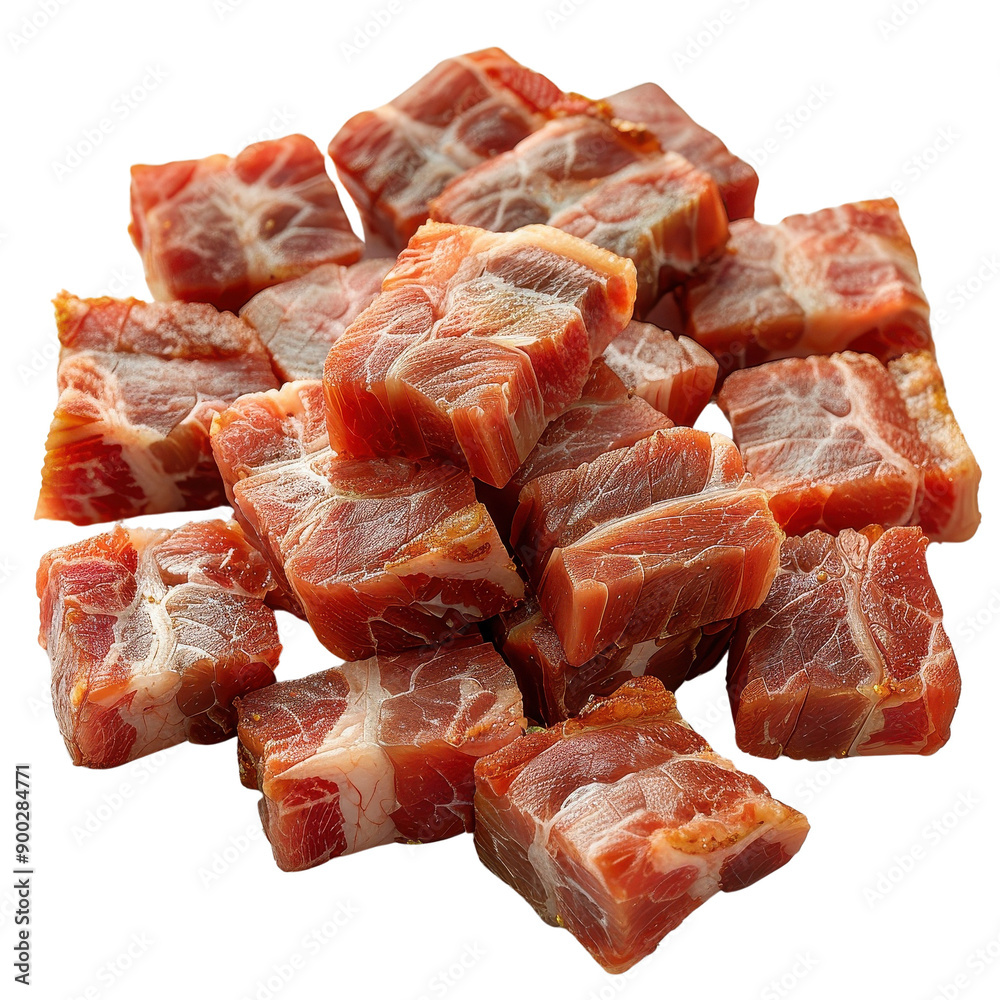 Close up of diced prosciutto on black background. Close up of diced prosciutto on black background.