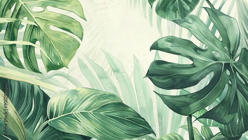 Green leaves in a flat design style illustrated with watercolor and gentle details