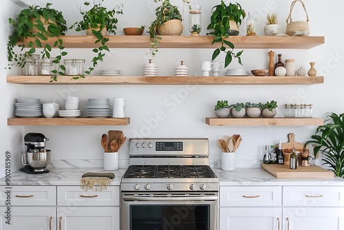 A minimalist kitchen with open shelves displaying only necessary kitchenware, no clutter on the counters, emphasizing simplicity and functionality photo