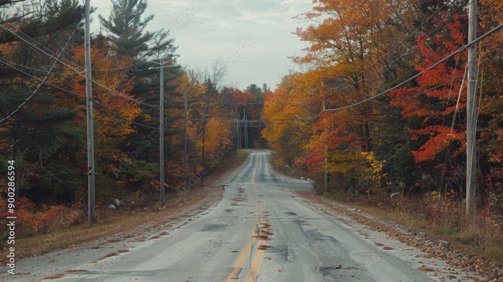 Fototapeta premium A rural road surrounded by autumn trees