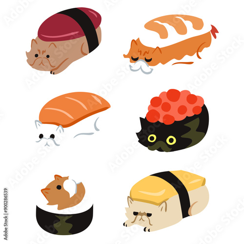 Persian Cat Sushi Simple Illustration Set