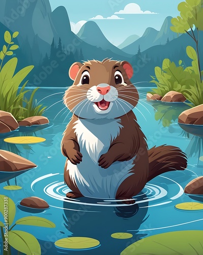 Smiling otter swimming in a pond surrounded by lily pads depicts a joyful aquatic mammal in a serene natural setting. Suitable for wildlifethemed designs. photo