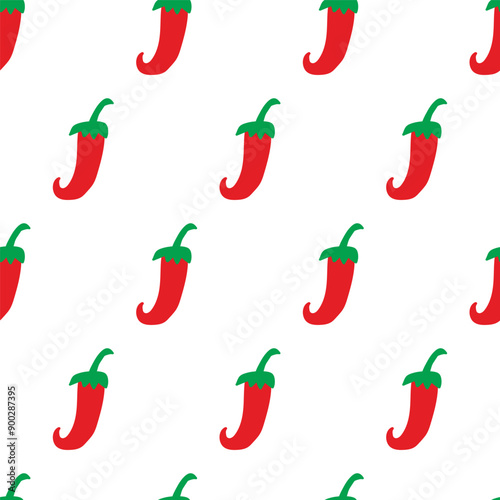 Red chili pepper. Seamless pattern. Vector illustration. Hand drawn design on white background.