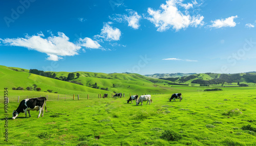 Cows grazing in a lush green meadow with rolling hills and a bright blue sky