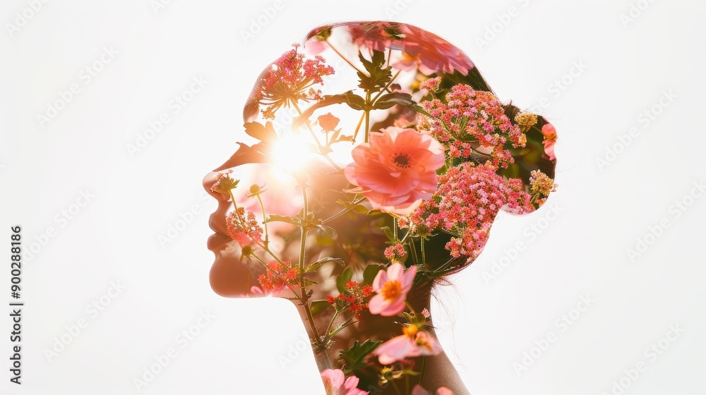 custom made wallpaper toronto digitalStunning double exposure of a profile silhouette intertwined with a variety of flowers, symbolizing growth and beauty, high-resolution, rich textures, lifelike and captivating composition