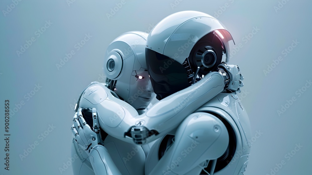 Fototapeta premium Futuristic Cyborg Couple Embracing in Tender Tech Romance