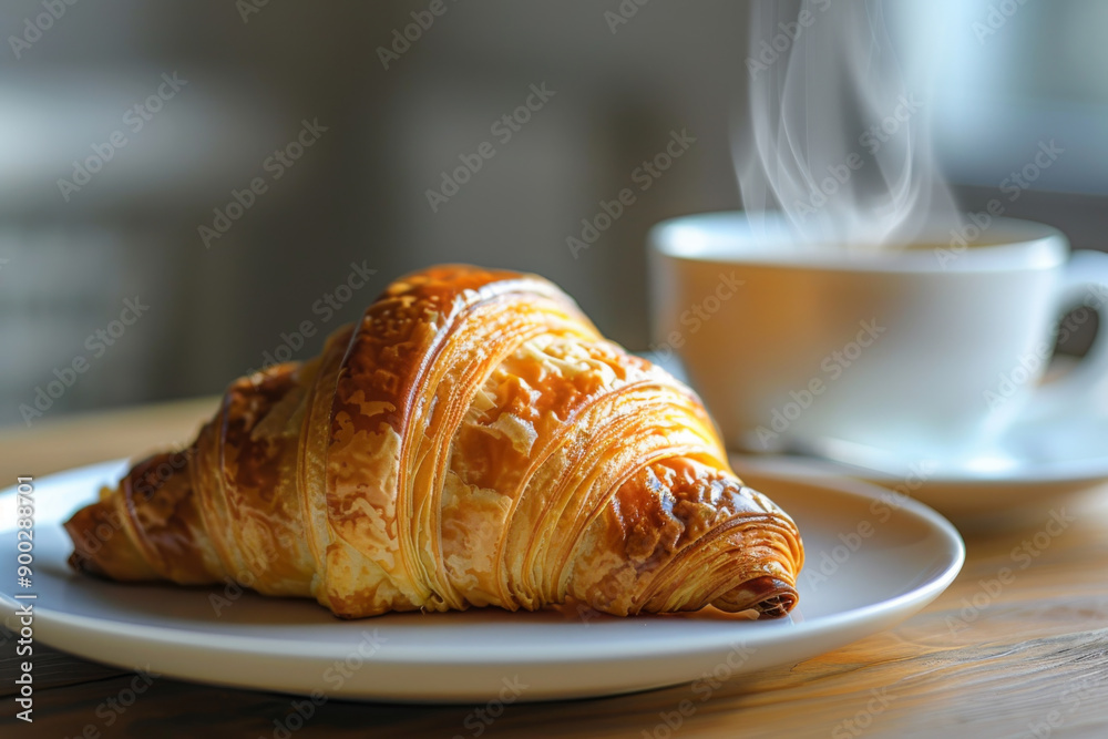 A golden croissant on a white plate with a steaming cup of coffee in the background A golden croissant on a white plate with a steaming cup of coffee in the background