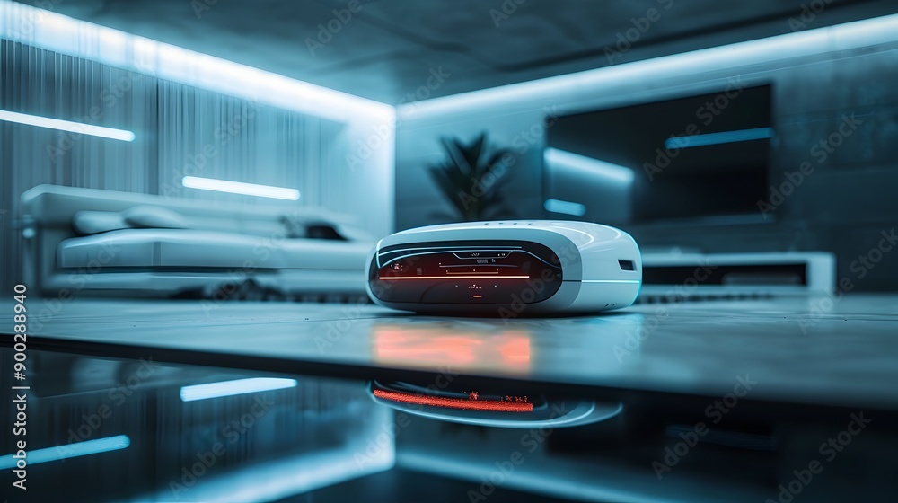Fototapeta premium Futuristic Stealth Robot with Digital Invisibility Patrolling an Advanced Smart Home Interior