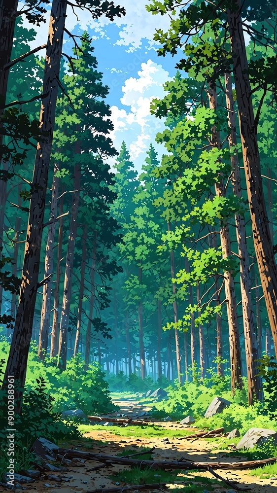 Obraz premium boreal forest with pine trees anime