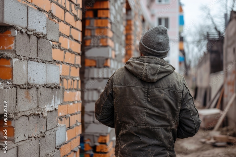 A person standing in front of a red brick wall, possibly waiting or thinking A person standing in front of a red brick wall, possibly waiting or thinking
