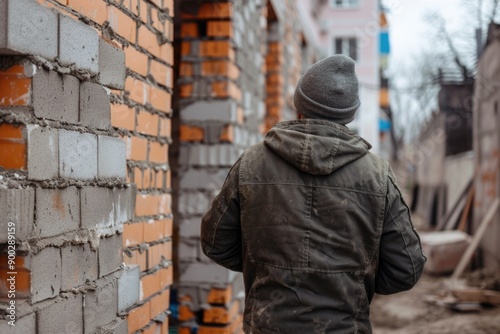 A person standing in front of a red brick wall, possibly waiting or thinking © Fotograf