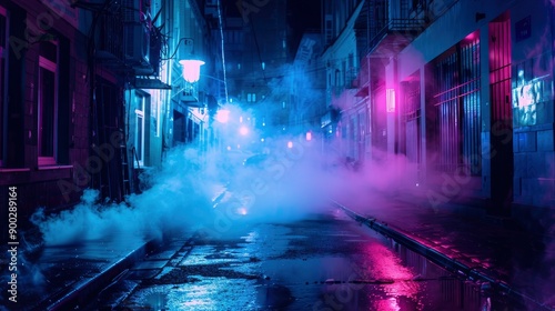 Dark street, night smog and smoke neon light. Dark background of the night city, ray of light in the dark. Gloomy dark background - generative ai © ImronDesign