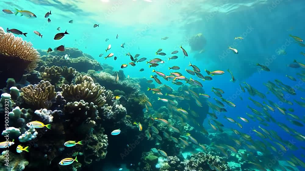 A lively underwater world showcases various fish swimming around vibrant coral formations in clear blue waters A lively underwater world showcases various fish swimming around vibrant coral formations in clear blue waters