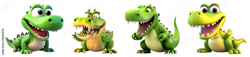 Naklejka premium Four Cute Cartoon Green Dinosaurs with Different Expressions and Poses , on transparent background