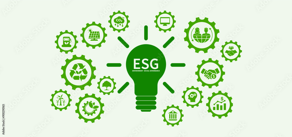 ESG icon concept for environment, social and governance in sustainable business and green business on grey background. ESG icon concept for environment, social and governance in sustainable business and green business on grey background.
