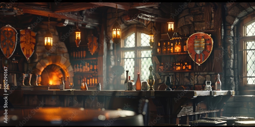 Obraz premium A bar counter with a variety of bottles lined up