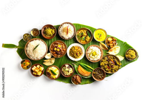 Traditional food Onam sadhya served on banana green leaf, south indian vegeterian meal arranged in traditional way. Onam Sadya vegetarian meal with rice and curries, kerala food, Kerala, india.  photo