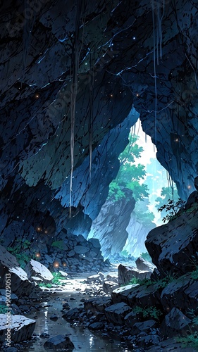 limestone cave with stalactites anime