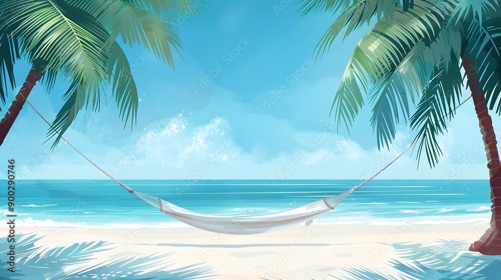 Naklejka premium Peaceful Tropical Beach Hammock Amidst Swaying Palm Trees in Watercolor Atmosphere