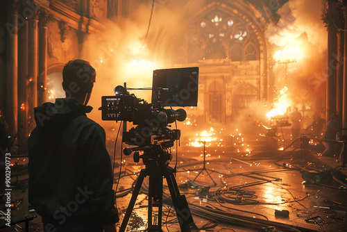 Filming with special effects camera of film production, action of burning fire explosion.