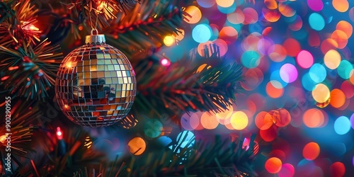 A sparkling disco ball ornament on a Christmas tree, surrounded by colorful bokeh lights for a festive atmosphere. photo