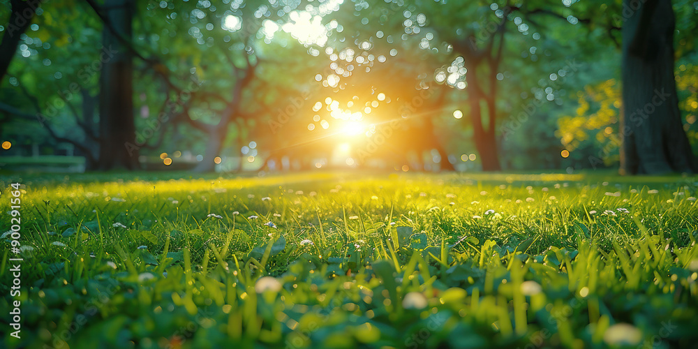 Obraz premium Beautiful spring landscape with lawn of lush in natural sunlight background