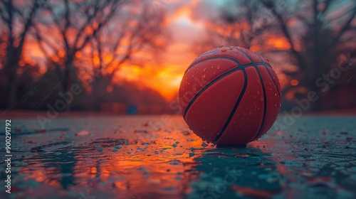 Close-up of a basketball on the court, with a sunset in the background, in a cinematic style, with a bokeh effect