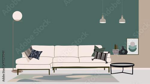 Modern living room vector illustration. Cozy apartment furnished with white sofa, cushions, vase, house plant, picture, lamps. Trendy contemporary home interior design in sage green and teal colors. 