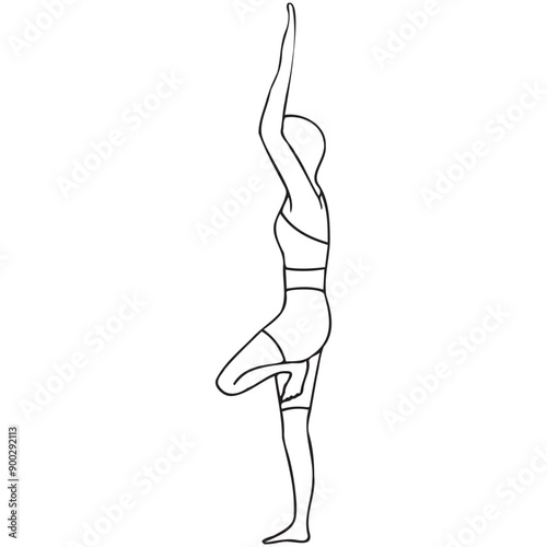 Tree pose, Vrikshasana. Drawing of a girl doing yoga. Simple vector illustration