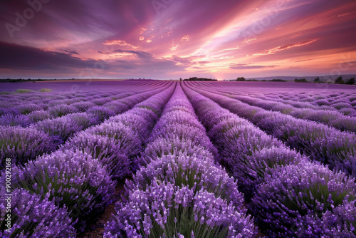 A vast field of lavender blossoms bathed in the warm glow of a sunset creating a stunning natural landscape