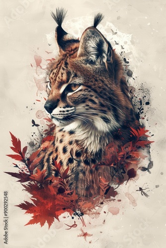 Majestic Lynx Portrait with Artistic Red Leaves and Abstract Background photo