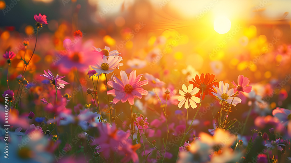 The sun sets over a field of flowers on the Summer Solstice The sun sets over a field of flowers on the Summer Solstice