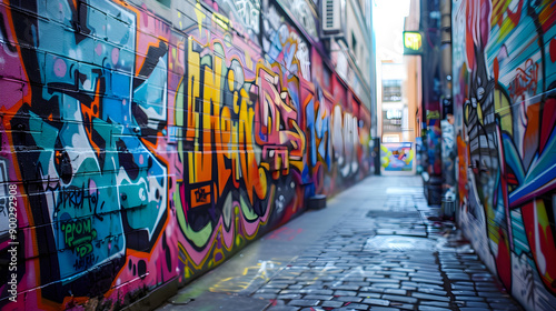 Urban streets adorned with vibrant graffiti art, showcasing diverse styles and raw artistic expressions.