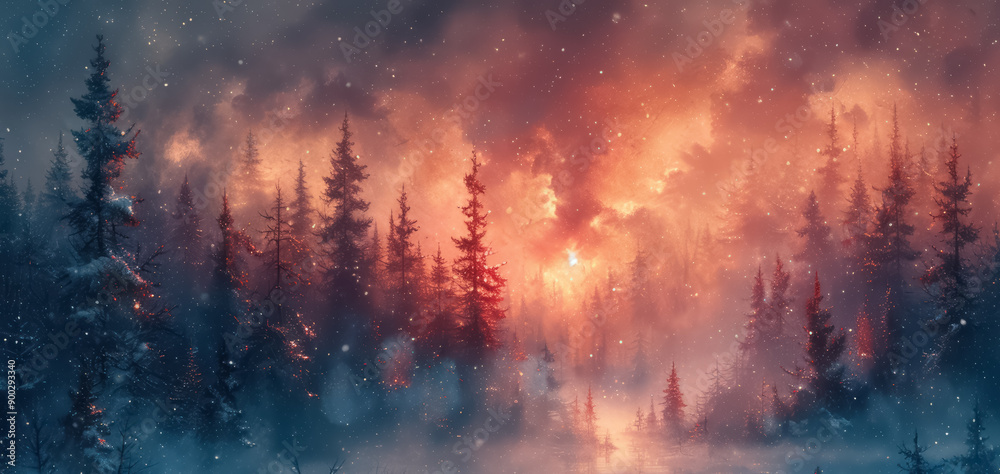 Fototapeta premium Christmas and New Year abstract festive background with winter forest and snowflakes