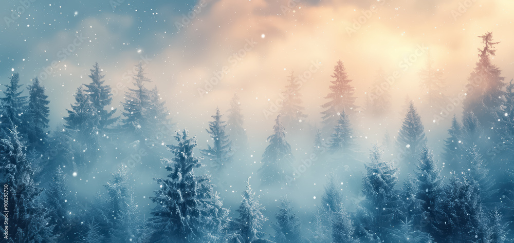 Naklejka premium Christmas and New Year abstract festive background with winter forest and snowflakes