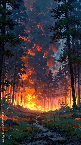 wildfire burning in a forest anime © Cross Guild