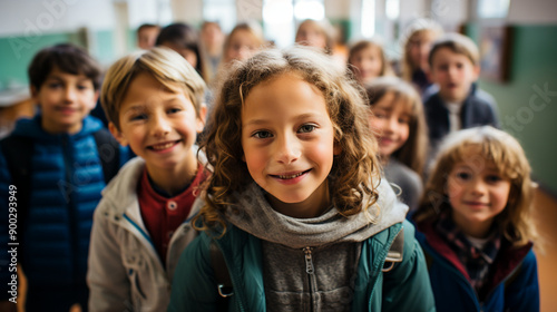 Class selfie in an elementary school. Kids taking a picture together in a co-ed school, photography.