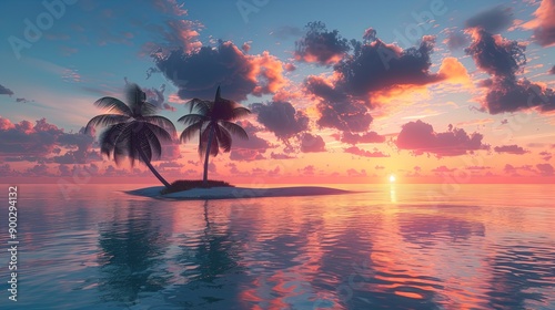 Beautiful Sunset Over Calm Ocean With Small Island and Palm Trees - Perfect for Travel and Nature Posters