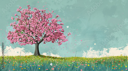 redbud tree in full bloom with sprinkling of wildflowers in the surrounding grass on blue background with copy space.