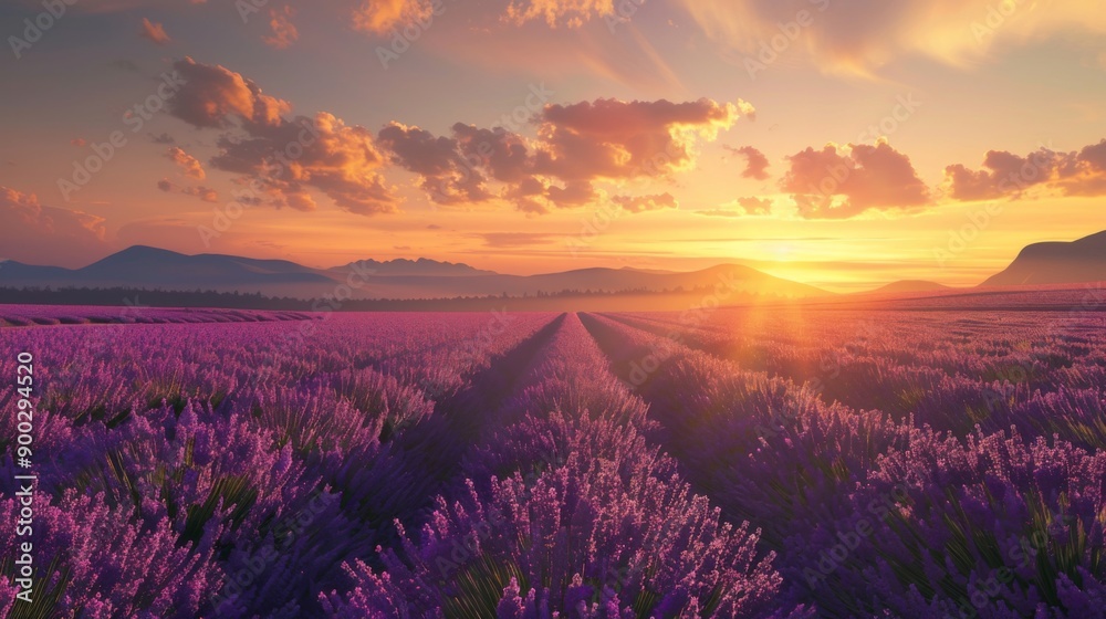 Fototapeta premium Landscape with violet lavender flower field at sunset. The enchanting beauty of Lavender Fields