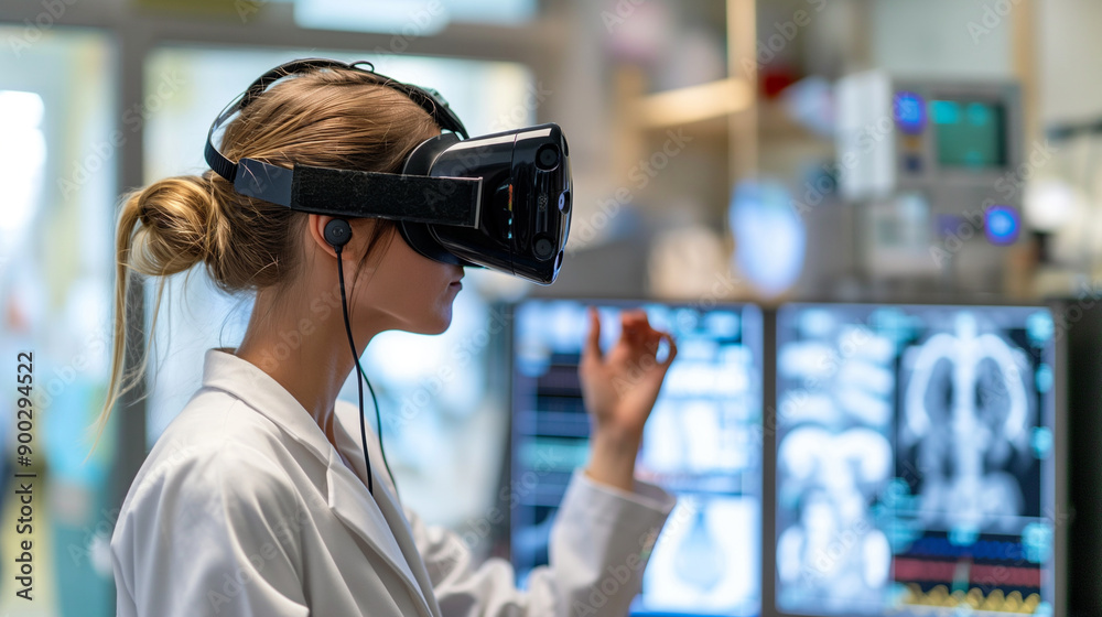 A medical researcher using a virtual reality headset to simulate complex biological processes. A medical researcher using a virtual reality headset to simulate complex biological processes.