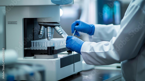 A biotechnologist inserting a sample into an automated lab machine, digital readouts displaying results instantly.
