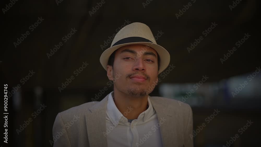 A man wearing a beige suit and hat exudes confidence as he gazes into the distance A man wearing a beige suit and hat exudes confidence as he gazes into the distance