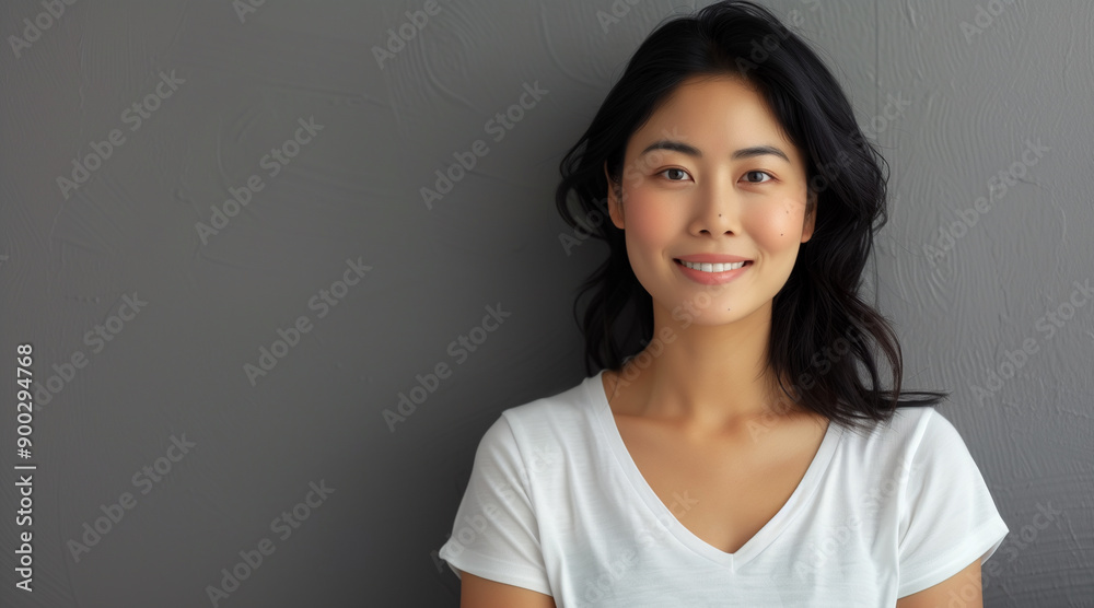 Beautiful smiling asianwoman 28 years old with black hair, white v-neck women's t-shirt Beautiful smiling asianwoman 28 years old with black hair, white v-neck women's t-shirt