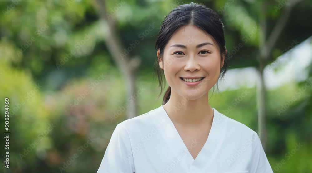 Beautiful smiling asianwoman 28 years old with black hair, white v-neck women's t-shirt