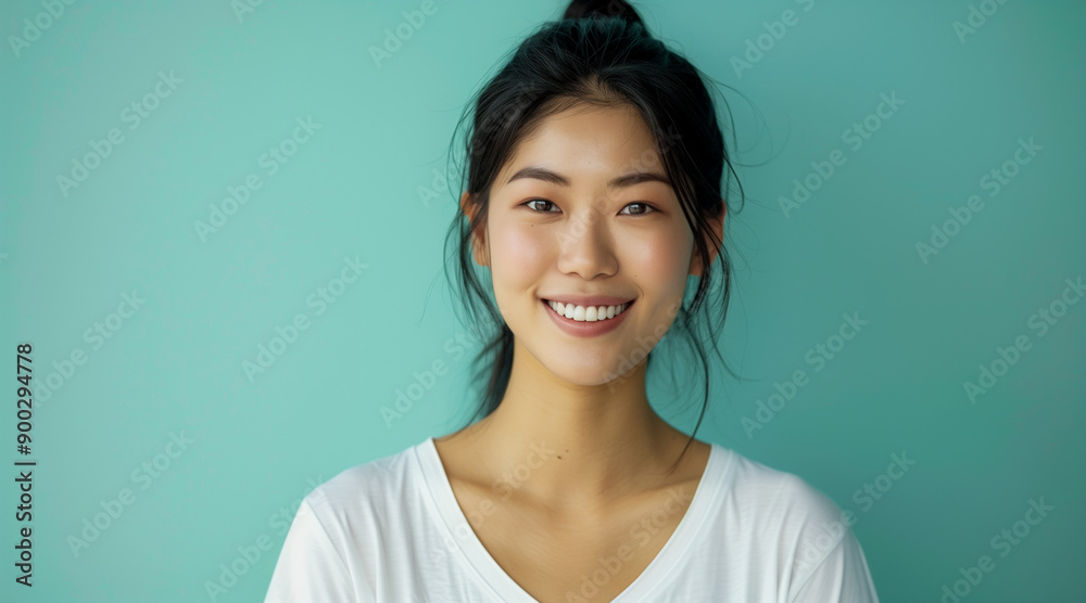 Beautiful smiling asianwoman 28 years old with black hair, white v-neck women's t-shirt Beautiful smiling asianwoman 28 years old with black hair, white v-neck women's t-shirt