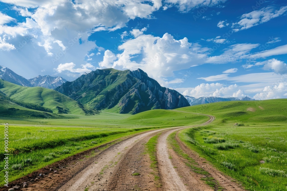 A scenic view of a dirt road running through a vibrant green field with wildflowers and grass