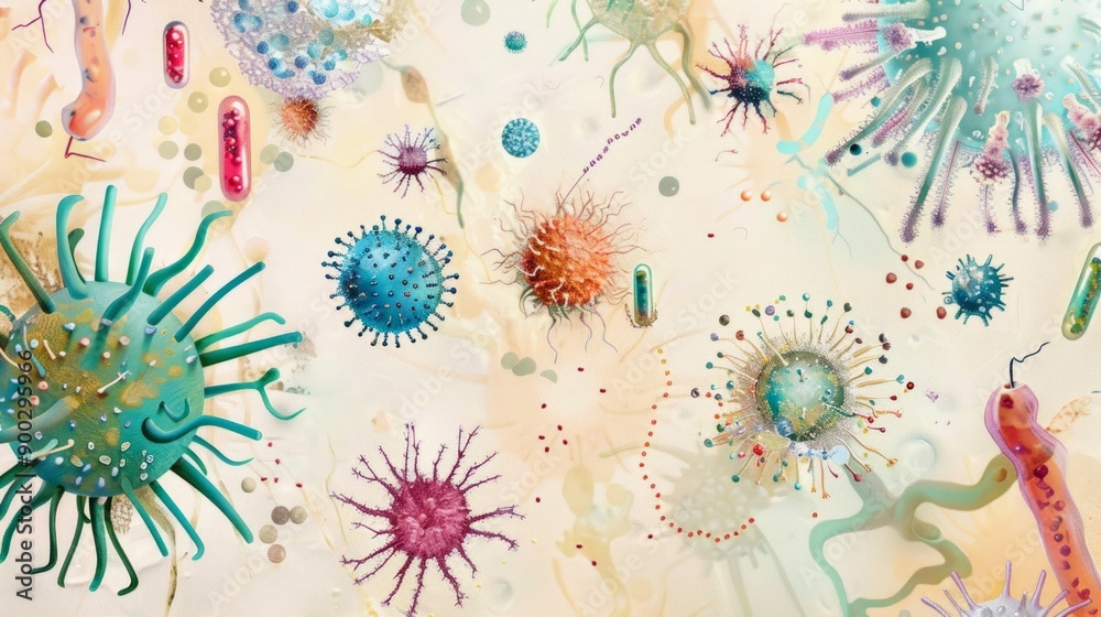 A Vibrant Depiction of Bacteria and Viruses in Abstract Art, Reflecting a Fascinating Biological World A Vibrant Depiction of Bacteria and Viruses in Abstract Art, Reflecting a Fascinating Biological World